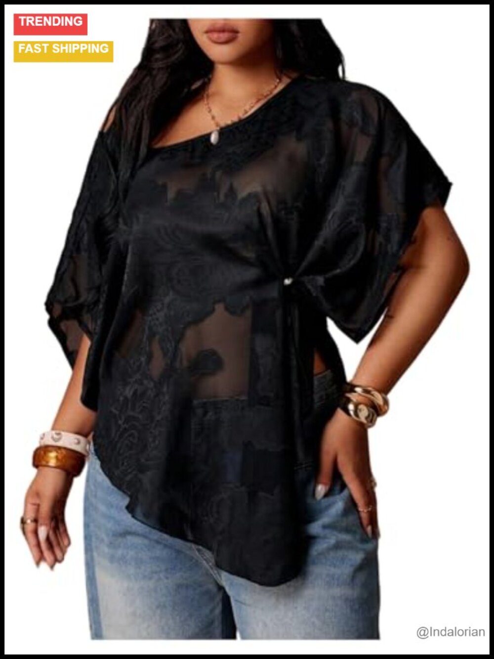 Plus Size Mesh Off Shoulder Chiffon Blouse Short Sleeve Asymmetrical Summer Top